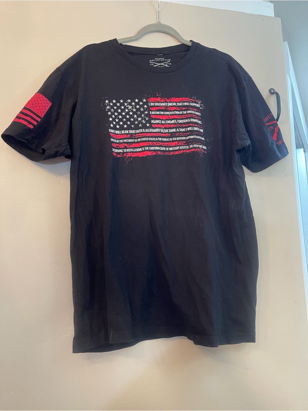 Grunt Style Black Short-Sleeve Tee with Red Flag Accents